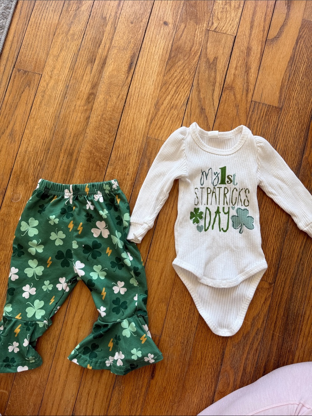 St. Patrick's Day Baby Outfit - Clover Green Pants & White Onesie